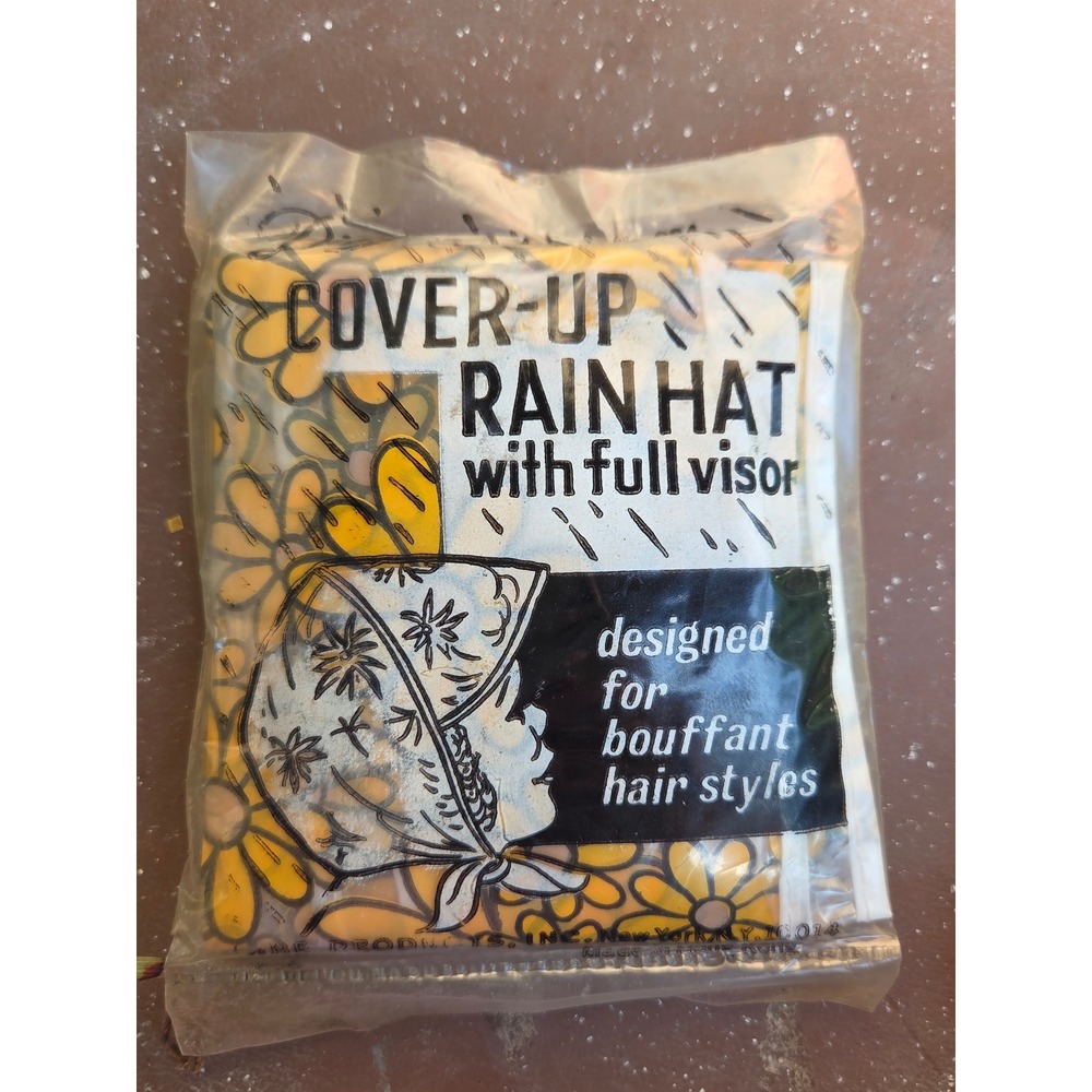 1970s Cover-Up Rain Hat Full Visor Bouffant Hair Styles Yellow Floral Vintage